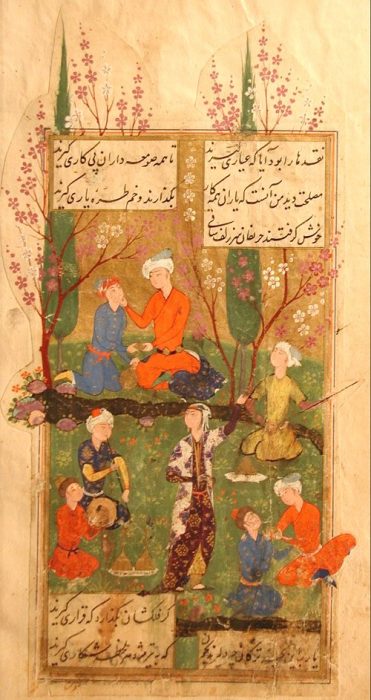 Der Diwan ist Hafis bekanntestes Werk, in Deutschland wurde es vor allem durch Johann Wolfgang von Goethe bekannt, der sich bei seinem West-Östlichen Divan von Hafis inspirieren ließ. Miniaturmalerei, Persien, 1585. Foto: Wikipedia